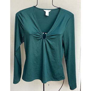 H&M Forest Green Gathered Bust Top Horseshoe Accent Woman’s Sz Med Long Sleeve